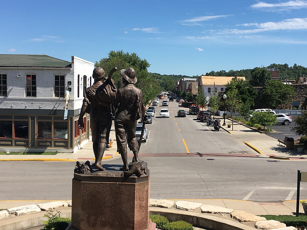 Rear viewTom and Huck statue in Downtown Hannibal, Missouri, Weekend Getaway.