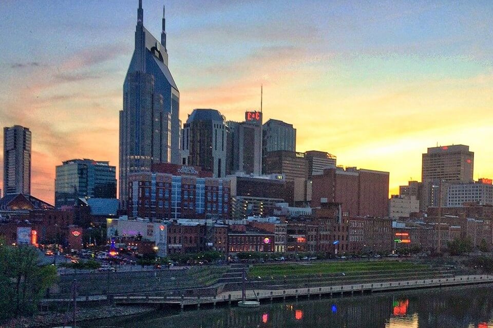 Nashville skyline as seen from the Pedestrian Bridge, things to do in Nashville on a weekend in Nashville..