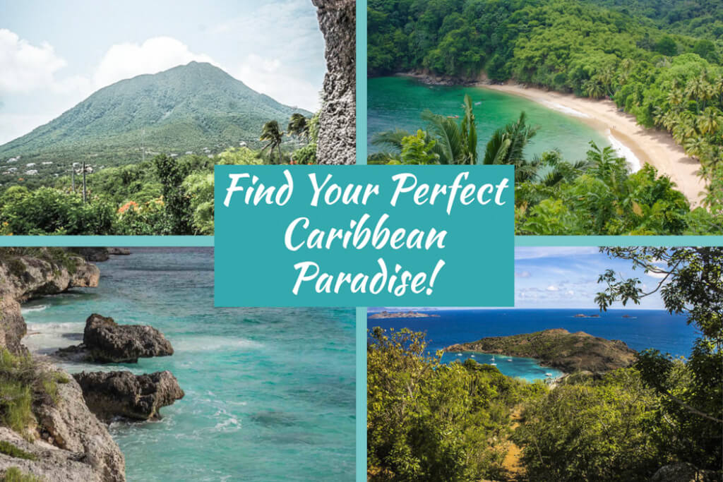 A collage of Caribbean Island scenery to choose which island to visit.