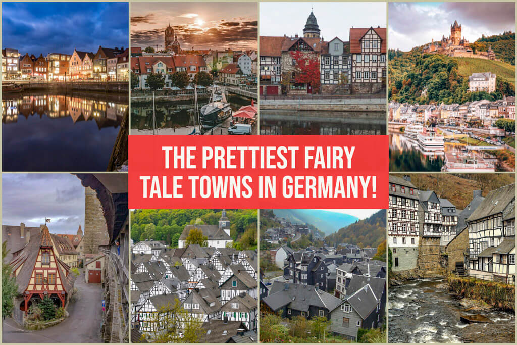 A collage of 8 beautiful cities in Germany, with a red title box saying "The prettiest fairy tale towns in Germany.