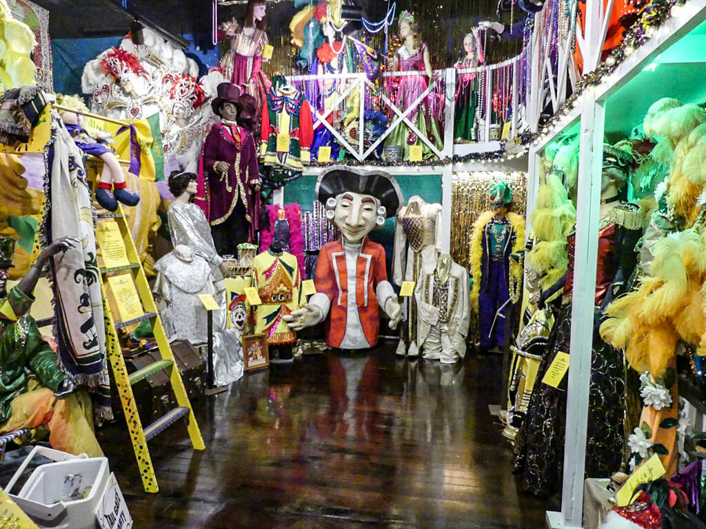 Colorful masks and coras Museum in Lade Charles, Louisiana.stu,es at the Mardi G