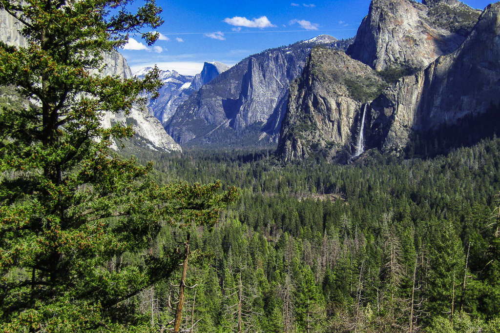 A view across the valley, filled with pine trees, and bordered by high cliffs, from Tunnel View, one of the best photo spots in Yosemite.
