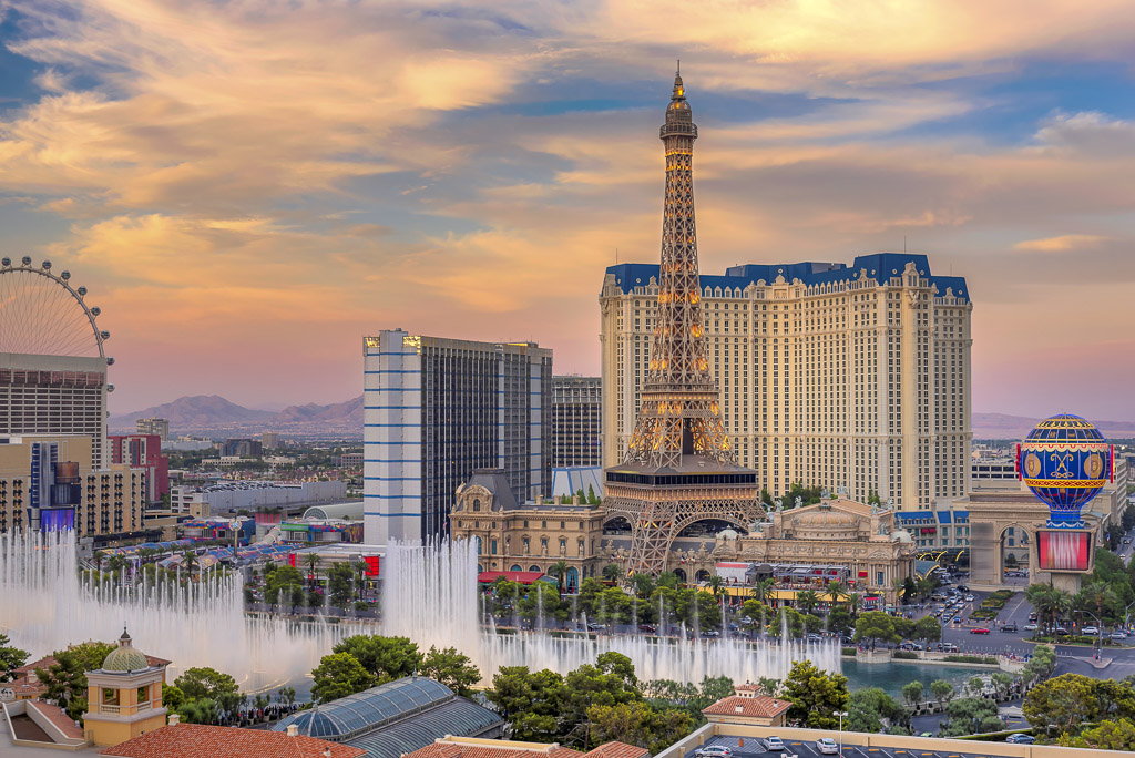 View of the Paris Resort, from the Bellagio, at sunset, in Las Vegas.
