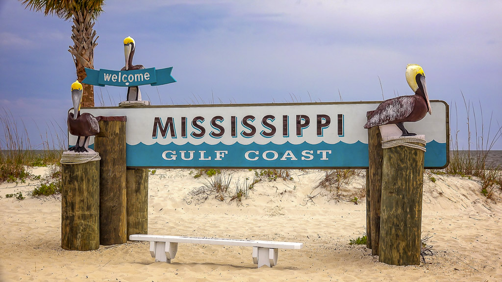 Mississippi Gulf Coast sign, ween during a weekend in Coastal Mississippi.
